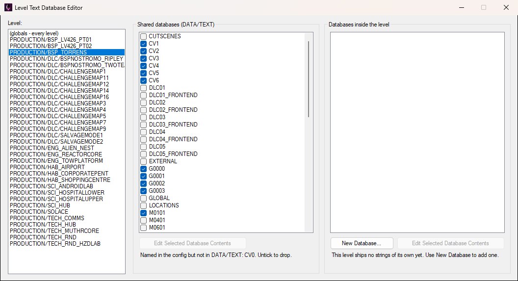 The Level Text Database Editor with BSP_Torrens selected: the level list on the left, the shared DATA/TEXT checklist in the middle with the databases Torrens loads ticked, and the empty databases-inside-the-level group on the right.