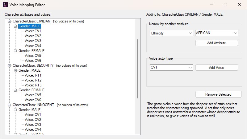 The Voice Mapping Editor with the Gender MALE set under CharacterClass CIVILIAN selected, the Adding to label naming that set, and Ethnicity chosen as the attribute to narrow by.