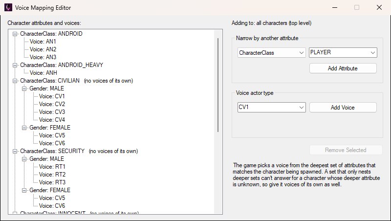 The Voice Mapping Editor window: the expanded tree of character attributes and voices on the left, and the Adding to label, attribute and voice dropdowns and buttons on the right.