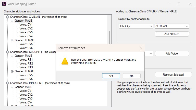 The Remove attribute set confirmation asking whether to remove CharacterClass CIVILIAN / Gender MALE and everything inside it.