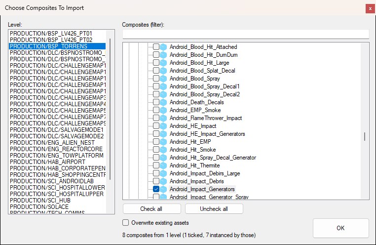 The Choose Composites To Import picker: a list of levels on the left and a folder tree of that level's composites on the right, with one composite ticked and the summary line beside OK counting the composites it instances.