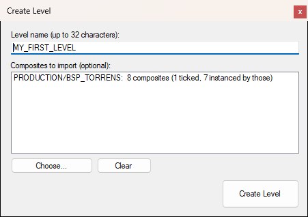 The Create Level dialog: a level name box, the list of composites chosen for import with Choose and Clear buttons beneath it, and the Create Level button.