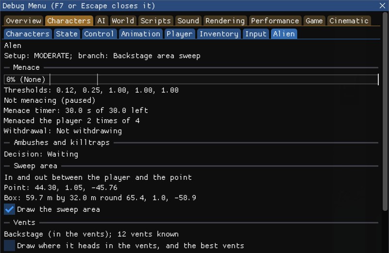 The Alien tab: Setup MODERATE, branch Backstage area sweep; a menace gauge at 0% (None) with thresholds 0.12, 0.25, 1.00, 1.00, 1.00, Not menacing (paused), menace timer 30.0 s of 30.0 left, menaced the player 2 times of 4, not withdrawing; Ambushes and killtraps: decision Waiting; the sweep area In and out between the player and the point, with its point and its 59.7 m by 32.0 m box, Draw the sweep area ticked; and Vents: backstage (in the vents), 12 vents known, with Draw where it heads in the vents, and the best vents unticked.