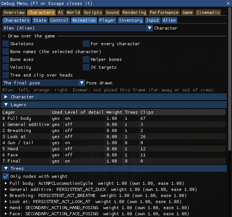 The Animation tab with the alien selected: the Draw over the game switches (Skeletons, For every character, Bone names, Bone axes, Helper bones, Velocity, IK targets, Tree and clip over heads, Pose drawn: the final pose), the Character section folded, the Layers table (full body with 67 clips, general additive, breathing, look at, gun / tail, hand, face and final, with their level of detail, weights, trees and clips), and the Trees section, with Only nodes with weight ticked, listing ActNPCLocomotionCycle on the full body, PERSISTENT_ACT_DUCK, PERSISTENT_ACT_BREATHE, PERSISTENT_ACT_LOOK_AT, SECONDARY_ACTION_HAND_POSING and SECONDARY_ACTION_FACE_POSING.