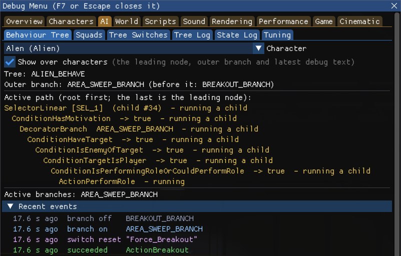 The Behaviour Tree tab with the alien selected: Show over characters ticked, tree ALIEN_BEHAVE, outer branch AREA_SWEEP_BRANCH (before it: BREAKOUT_BRANCH), and the active path SelectorLinear, ConditionHasMotivation true, DecoratorBranch AREA_SWEEP_BRANCH, ConditionHaveTarget true, ConditionIsEnemyOfTarget true, ConditionTargetIsPlayer true, ConditionIsPerformingRoleOrCouldPerformRole true, ActionPerformRole running; then its recent events, 17.6 seconds ago: branch off BREAKOUT_BRANCH, branch on AREA_SWEEP_BRANCH, the switch Force_Breakout reset, and ActionBreakout succeeded.