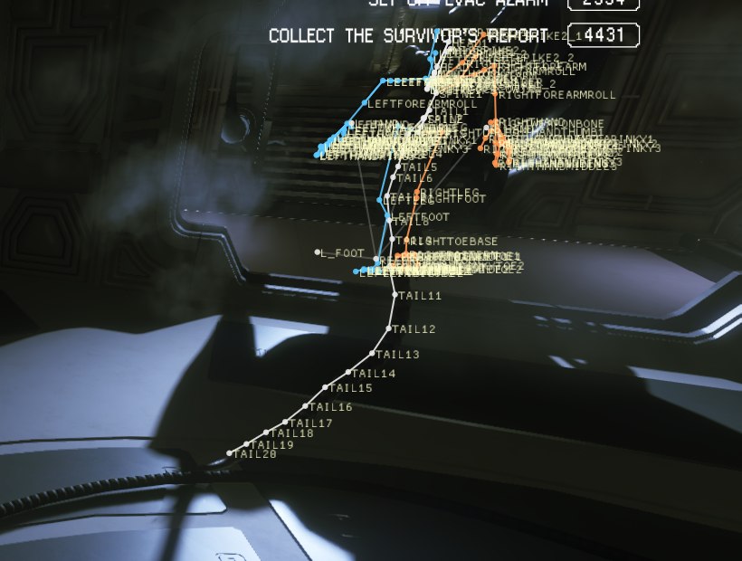 The alien's skeleton with its bone names: TAIL11 to TAIL20 down the tail along the floor, L_FOOT, LEFTFOREARMROLL, RIGHTFOREARMROLL and the rest crowded around the body.