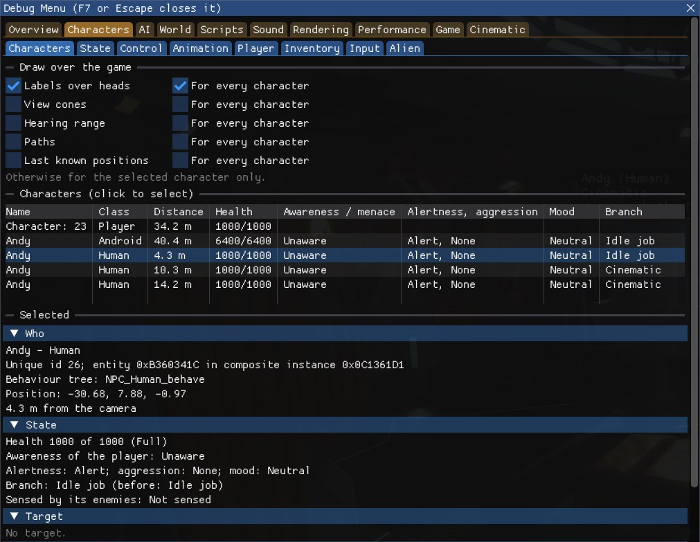 The Debug Menu over the game on the Torrens bridge, on the Characters group's Characters tab, under the amber row of groups: the Draw over the game switches with Labels over heads for every character ticked, the table of characters (the player, then an android and three humans, each named Andy, with their class, distance, health, awareness, alertness and aggression, mood and branch), and below it the selected human's details: its unique id, entity and composite instance, its behaviour tree NPC_Human_behave, position and distance, then its health, awareness of the player, alertness, aggression, mood and branch, and whether its enemies sense it.