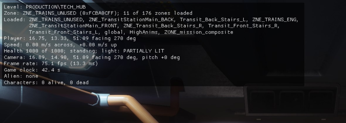 The game in TECH_HUB with the Info lines in the top-left corner: Level PRODUCTION\TECH_HUB; Zone ZNE_TRAINS_UNUSED, 11 of 176 zones loaded; the loaded zones by name; the player's position and facing; speed 0.00 m/s; health 1000 of 1000, standing, partially lit; the camera's position and direction; 75.1 fps; the game clock at 42.4 s; no alien; no characters.