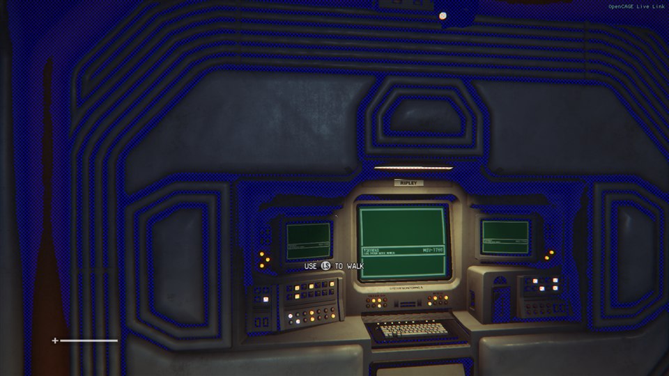 The game on the Torrens bridge with the light meter tint on: the dark parts of the walls and floor are tinted deep blue, while the lit consoles keep their colours.