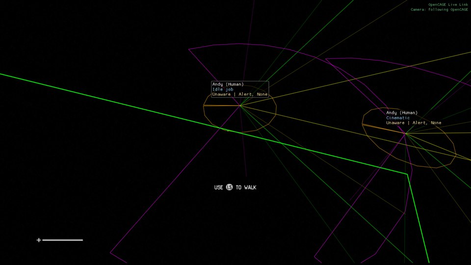 Two of the Torrens crew seen from above with labels, view cones, hearing ranges and paths drawn over them: each label reads Andy (Human), then Idle job or Cinematic, then Unaware, Alert, None; yellow, green and magenta lines fan out from each head as view cones, an orange circle surrounds each, and a bright green line runs across the picture.