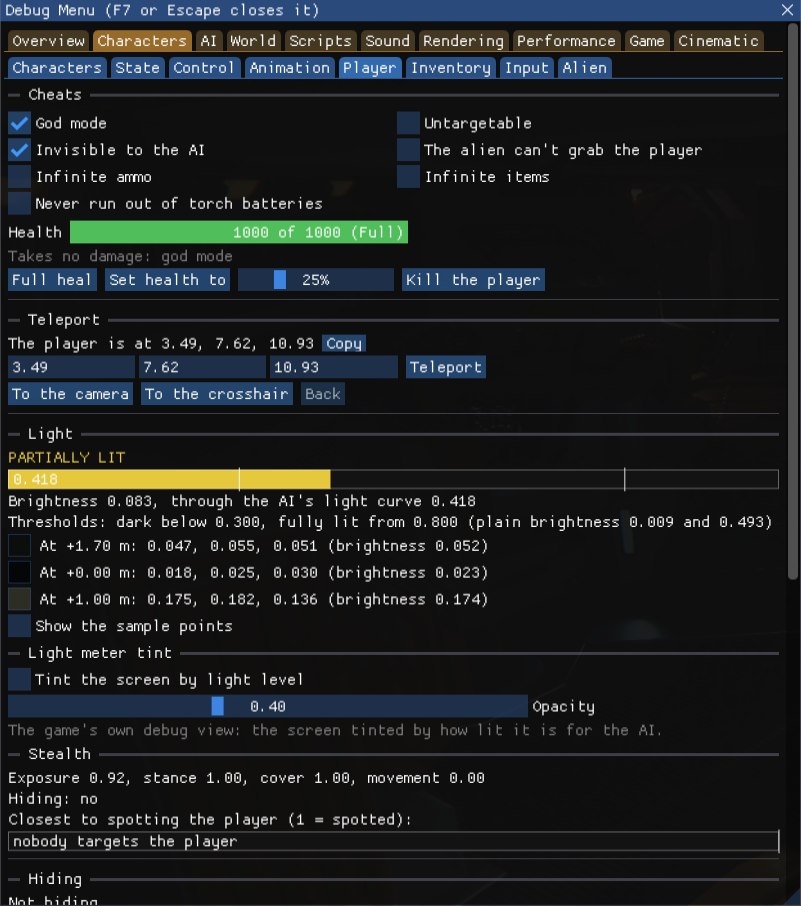 The Player tab: at the top the Cheats (God mode and Invisible to the AI ticked, Infinite ammo, Never run out of torch batteries, Untargetable, The alien can't grab the player, Infinite items), the health bar at 1000 of 1000 with Takes no damage: god mode under it, and Full heal, Set health to and Kill the player; Teleport, with where the player is and To the camera, To the crosshair and Back; then Light: PARTIALLY LIT, a meter at 0.418, brightness 0.083 through the AI's light curve 0.418 with the thresholds, the three light samples at +1.70, +0.00 and +1.00 metres with their colours, and Show the sample points; the Light meter tint with its opacity at 0.40; and Stealth: exposure 0.92, stance 1.00, cover 1.00, movement 0.00, Hiding: no, and nobody targets the player.