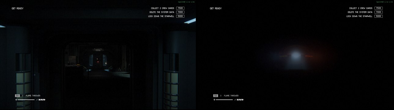 The same corridor in a Survivor map twice: on the left as the game draws it, on the right with No solid geometry ticked, leaving only a lamp's glow and the HUD.