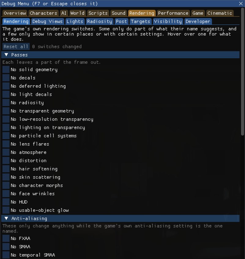 The Rendering tab: the explanation, Reset all, and the Passes group with its switches (No solid geometry, No decals, No deferred lighting, No light decals, No radiosity, No transparent geometry, No low-resolution transparency, No lighting on transparency, No particle cell systems, No lens flares, No atmosphere, No distortion, No hair softening, No skin scattering, No character morphs, No face wrinkles, No HUD, No usable-object glow), then the Anti-aliasing group (No FXAA, No SMAA, No temporal SMAA).