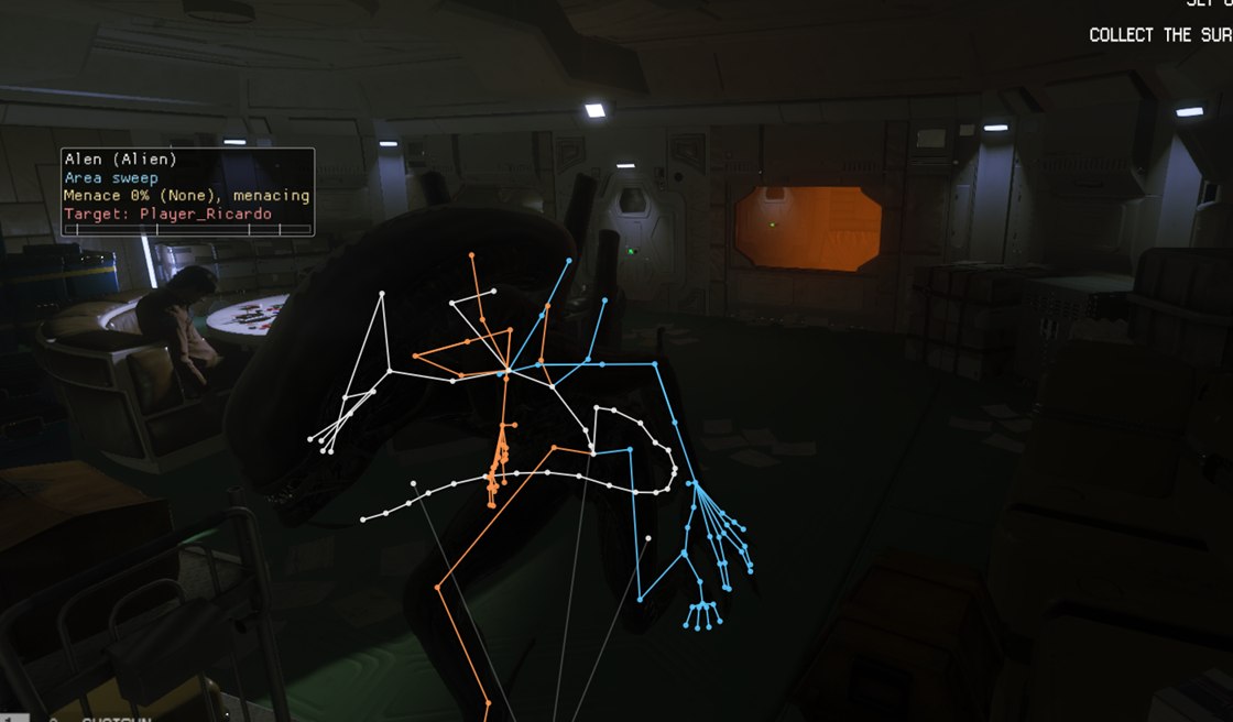 The alien in a Survivor map with its skeleton drawn over it: white spine, head and tail bones, blue left arm and leg bones with the fingers fanned out, orange right ones, following the alien's dark body, with its label above it reading Alen (Alien), Area sweep, Menace 0% (None), menacing, Target: Player_Ricardo.