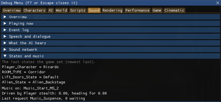 States and music: Player_Character = Ricardo, ROOM_TYPE = Corridor, Lift_Doors_State = Default, Alien_State = Alien_Backstage; music on, Music_Start_MS_2, driven by player stealth at 0.00, last request Music_Suspense.