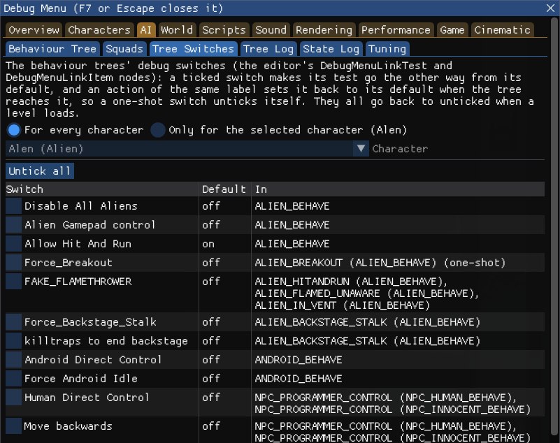 The Tree Switches tab: its explanation, For every character chosen, the alien in the Character dropdown, Untick all, and the table of switches with their defaults and trees: Disable All Aliens, Alien Gamepad control, Allow Hit And Run (on by default), Force_Breakout (one-shot), FAKE_FLAMETHROWER, Force_Backstage_Stalk and killtraps to end backstage in the alien's trees, then Android Direct Control, Force Android Idle, Human Direct Control and Move backwards in the androids' and humans' trees.