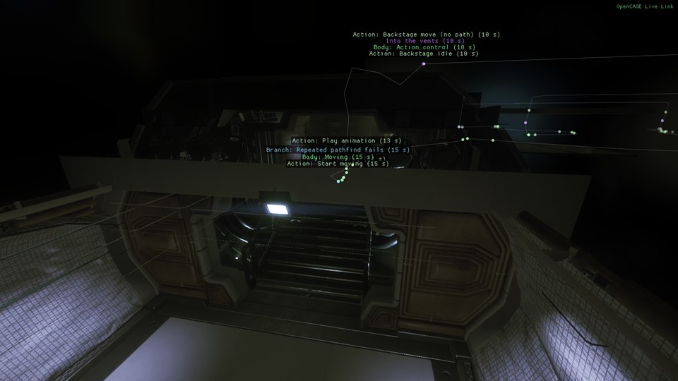 The alien's breadcrumbs over the start room of a Survivor map, seen from above: a dotted trail where the alien walked, climbing up into a vent, with labelled crumbs where something changed, each with how long ago, such as Branch: Repeated pathfind fails, Body: Moving and Action: Start moving on the floor, and Into the vents, Body: Action control and Action: Backstage idle where it climbed in.