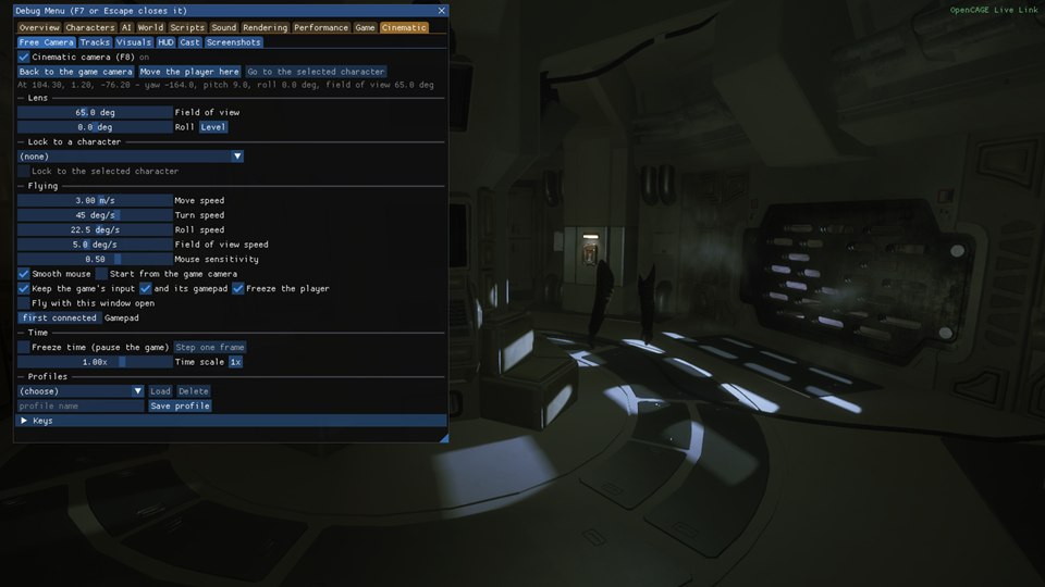 The Debug Menu on Cinematic > Free Camera with the camera on: Cinematic camera (F8) ticked with its status line, the Back to the game camera, Move the player here and Go to the selected character buttons, the camera's position and angles, the Lens section's field of view and roll, Lock to a character, and the Flying section with its speeds, Smooth mouse, Start from the game camera, Keep the game's input, and its gamepad, Freeze the player, Fly with this window open and the Gamepad slider, then the Time and Profiles sections and the folded Keys; in the game beside it, the player seen standing still from the free camera.