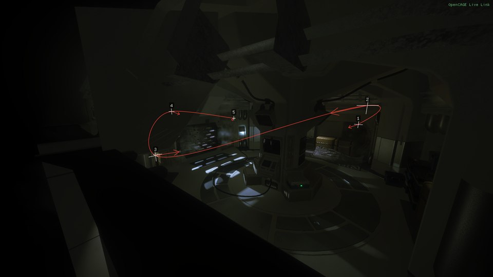 A camera track drawn over a room of the game, seen from a corner of the room, with the Debug Menu closed and the HUD hidden: a smooth red curve looping through the room with arrows along it, and a cross and number at each of its five nodes.