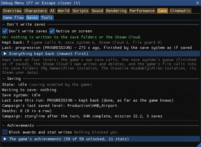 The Debug Menu on Game > Saves with Don't write saves ticked: the green line On: nothing is written to the save folders or the Steam Cloud, Notice on screen ticked, the count of saves kept back with the last one named, and the Saving section's state, saves waiting, last save this run (kept back), the campaign's last saved level, the deaths and the campaign's progress; below, the Achievements section with Block awards and stat writes and the folded list of the game's achievements.