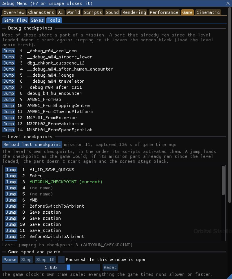 The Debug Menu on Game > Tools on HAB_AIRPORT: Debug checkpoints, with the note that a mission part that already ran leaves the screen black, and a Jump button beside each; then Level checkpoints: Reload last checkpoint with the mission and how long ago it was captured, and the level's own checkpoints, numbered, with Jump buttons, (no name) on unnamed ones and (current) on the one the level is at; and Game speed and pause, with the Pause, Step and Step 10 buttons, Pause while this window is open and the speed slider at 1.00x.