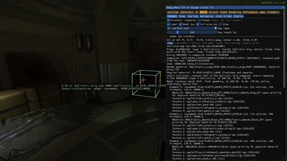 The crosshair inspector on a plastic crate in a room: a red crosshair in the middle of the screen with a green label beside it giving the distance and what was hit, the crate's model box in yellow and its collision box in blue, and to the right the Inspect tab with Under the crosshair listing the collision map row, its flags, the entity and composite instance with the composite's name and path, the zone, the render and physical materials, the static collision, and the model's elements with their materials and textures.