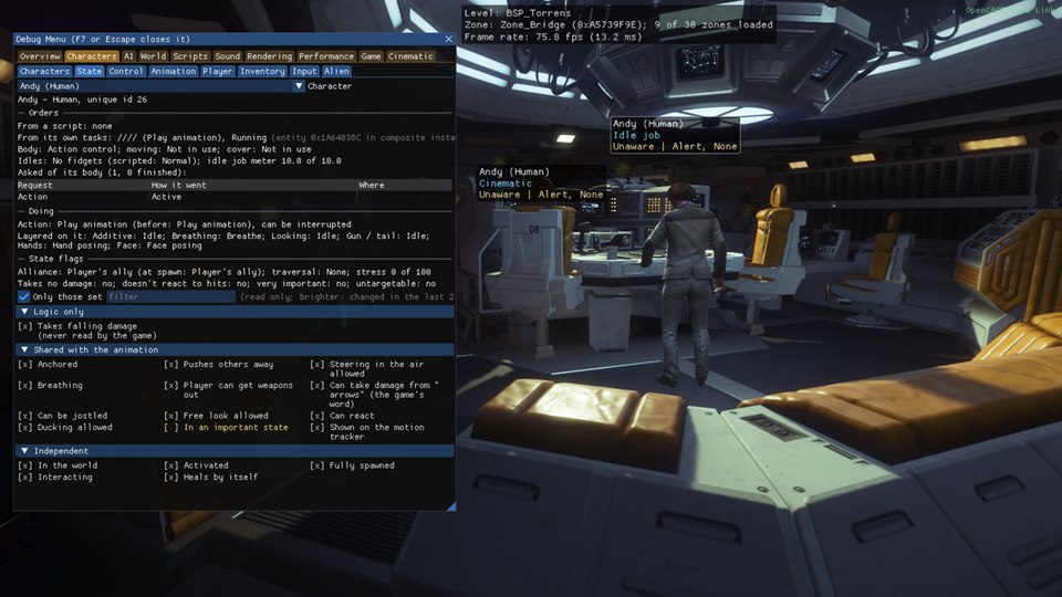 The Debug Menu over the game on the Torrens bridge. Along the top of its window, the amber row of groups (Overview, Characters, AI, World, Scripts, Sound, Rendering, Performance, Game, Cinematic) with Characters in front, and under it the Characters group's tabs (Characters, State, Control, Animation, Player, Inventory, Input, Alien) with State in front: one of the crew is picked in the Character dropdown, with its orders, what its body is doing, and its state flags. Beside the window are the Info lines (the level, the zone and the frame rate), and over two of the crew are their labels: name and class, branch, then awareness, alertness and aggression.