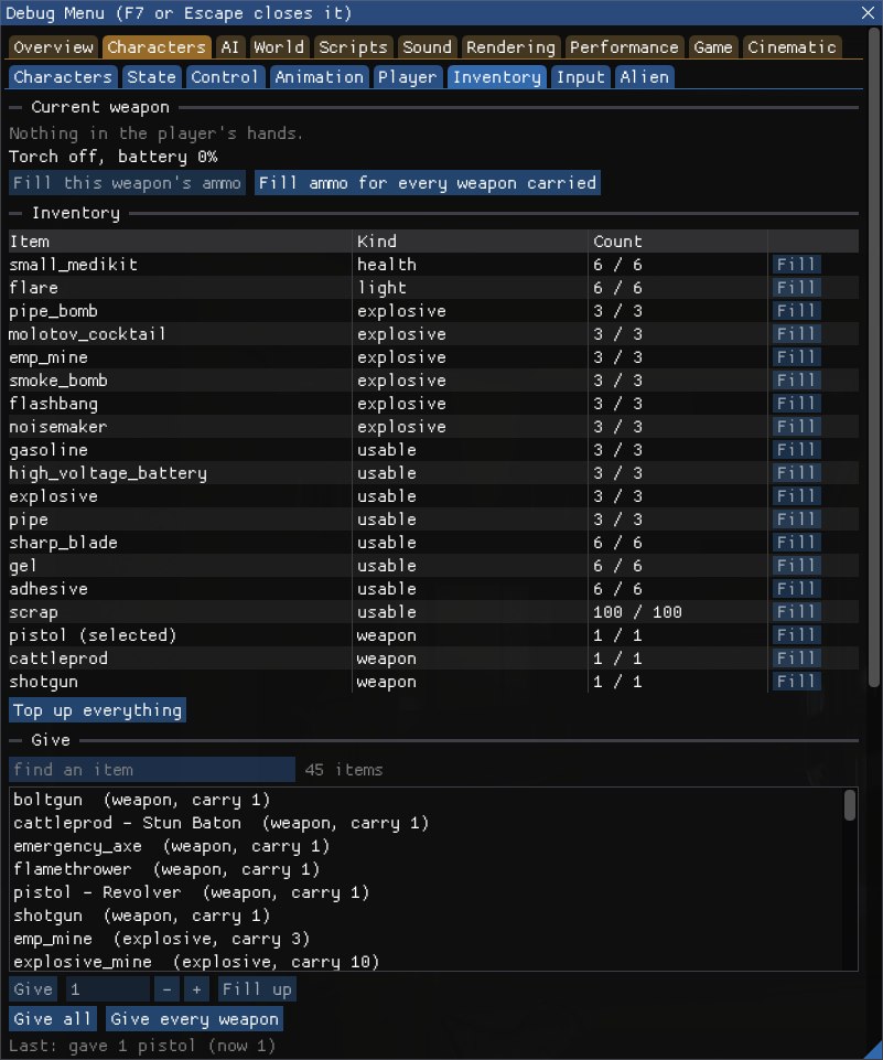 The Inventory tab: Current weapon, with nothing in the player's hands and the torch off at 0% battery, and the two Fill ammo buttons; the Inventory table, slot by slot, with medikits, flares, IEDs and crafting parts at their carry limits, then the pistol (selected), the stun baton and the shotgun, each with a Fill button, and Top up everything; and the Give section with its filter, the game's item list (the revolver listed as pistol - Revolver), the Give, Fill up, Give all and Give every weapon buttons and the last item given.