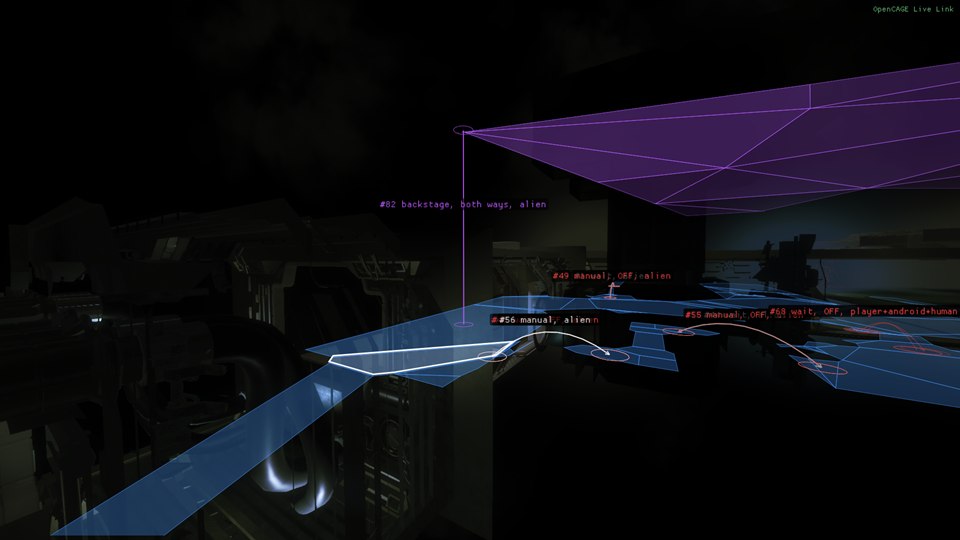 The nav mesh over a room with the window closed: its polygons filled and outlined, coloured by markup, normal floor in blue and the vent backstage above it in purple, with off-mesh connections drawn as arcs over the floor and as a line up to the vent, each labelled with its number, kind and who may use it (such as #82 backstage, both ways, alien), and the polygon under the player outlined in white.