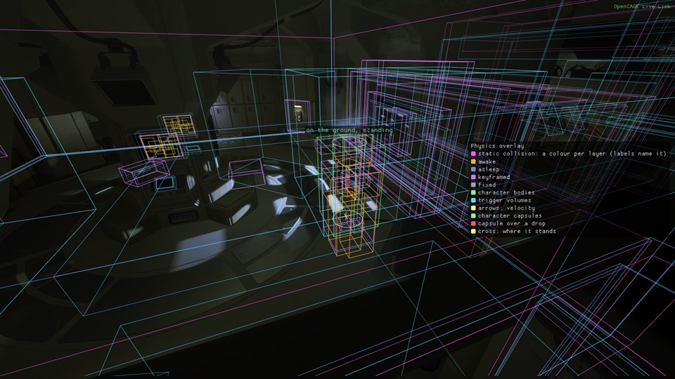 Static collision boxes over a room with the window closed, coloured by collision layer, with the boxes of the physics bodies (orange while awake) and the player's capsule, labelled on the ground, standing, drawn among them, and the Physics overlay key to the colours on the right of the screen.