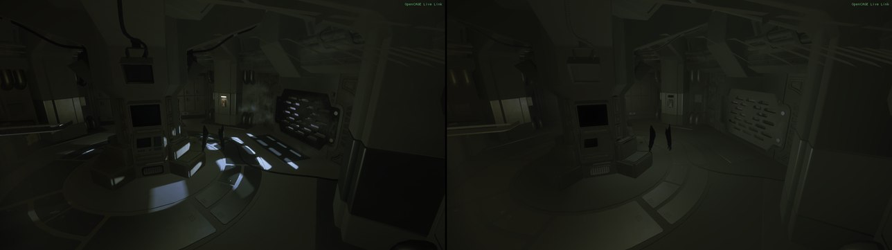 The same lamp-lit room twice: on the left as the game draws it, with its textures and lamp light; on the right with the Irradiance debug view, flat untextured surfaces in the colours of the bounce light, with the places only the lamps light gone dark.