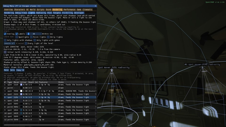 The Debug Menu on Rendering > Lights beside the game: the counts of lights drawn and of shadow maps against the budget, the Overlay, Labels and Within boxes, the Leave out switches, the selected light's details, and the table of lights with their types, mover indices, colours, reaches, feature letters and states; in the game to the right, crosses, reach spheres and spotlight cones drawn over the lamps, each labelled with its number, type and mover index, and radiosity on those that feed the bounce light.