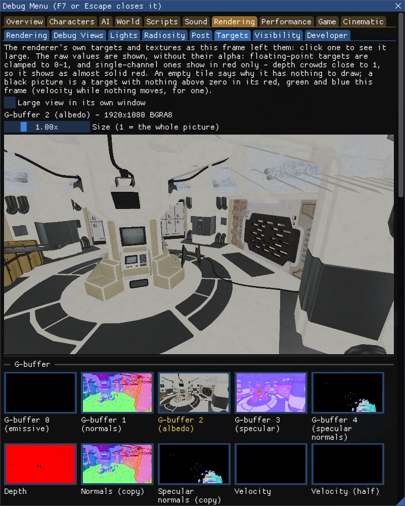 The Debug Menu on Rendering > Targets: the explanation, then G-buffer 2 (albedo) shown large, the room's surfaces in their flat unlit colours, with its size and format; below it the G-buffer thumbnails (emissive, normals, albedo, specular, specular normals, the almost solid red depth, the normal copies and velocity).