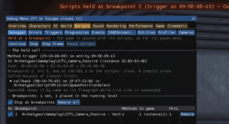 The Debug Menu on Scripts > Debugger with the scripts held at a breakpoint: the orange line Held at a breakpoint, the Continue, Step, Step frame and Pause scripts buttons, then The held call with the method and the entity it is called on, the composite and instance it is in, its path, the breakpoint's number and when it was due on the scripts' clock, and the calls that led to it; below, the Breakpoints table with one breakpoint ticked, placed in one running instance and hit once. Along the top of the game, the orange line Scripts held at breakpoint 2, naming the method and entity.