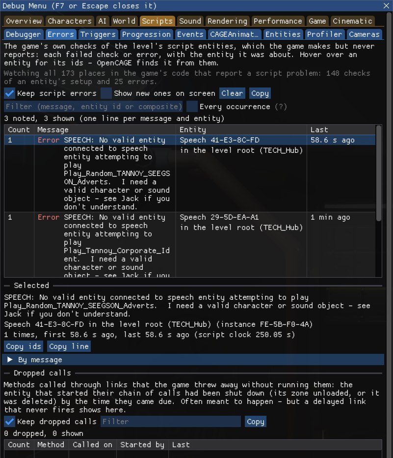 The Debug Menu on Scripts > Errors: the line saying all 173 places in the game's code that report a script problem are watched, 148 checks and 25 errors; the Keep script errors and Show new ones on screen boxes, Clear, Copy and the filter; the table of failed checks and errors with their counts, messages, entities and how long ago; the selected one shown in full under Selected with Copy ids and Copy line; and the start of the Dropped calls table.