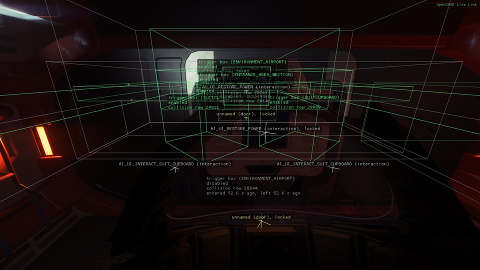 The start room of HAB_AIRPORT with the World overlays on and the window closed: trigger boxes drawn round the room and the suit cupboards, green while enabled and grey while not, each labelled with its composite, state and collision row, and the one the player walked through with when they entered and left it; the doors marked with yellow crosses labelled unnamed (door), locked; and the interaction points nearby marked with white crosses, labelled with their names, such as AI_UI_INTERACT_SUIT_CUPBOARD and AI_UI_RESTORE_POWER (locked).
