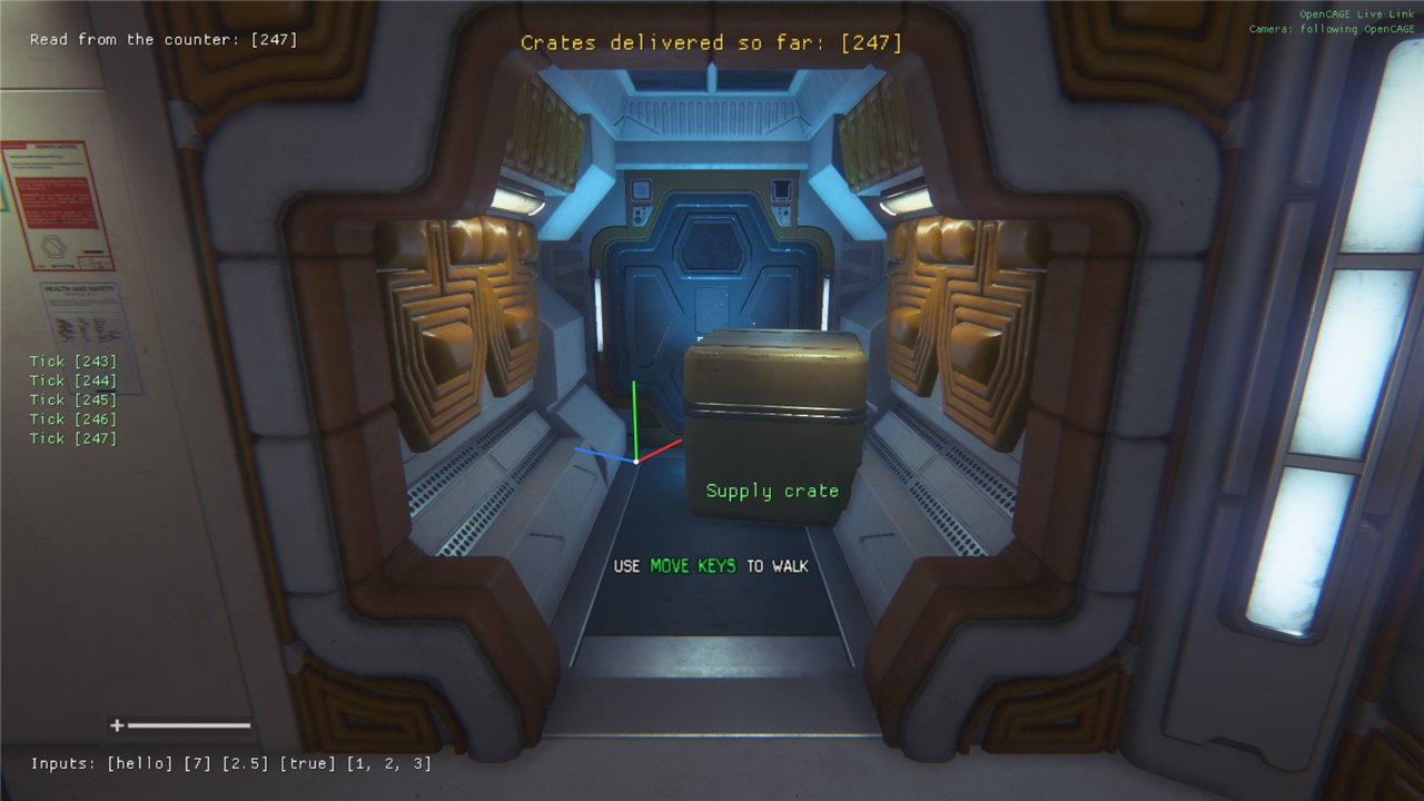 Alien: Isolation in a Torrens corridor with debug text over it: Read from the counter: [247] at the top left, Crates delivered so far: [247] in yellow at the top centre, Tick [243] to Tick [247] in green on the middle left, Inputs: [hello] [7] [2.5] [true] [1, 2, 3] at the bottom left, and in the corridor a set of red, green and blue axes beside a crate, with the green label Supply crate on the crate.