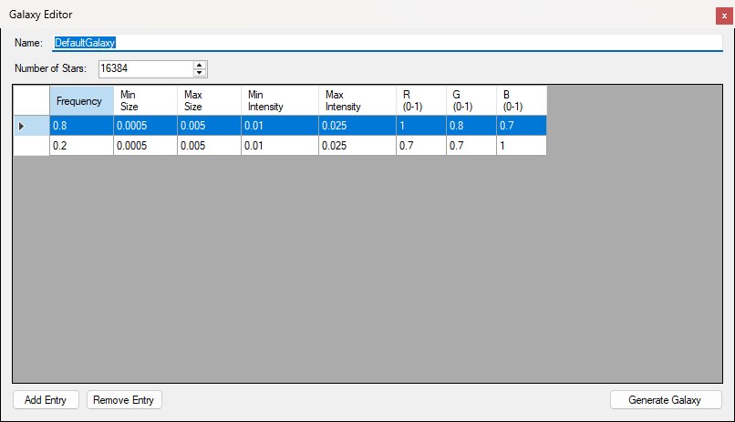 The Galaxy Editor window showing the DefaultGalaxy definition: name, 16384 stars, and two star template rows above the Add Entry, Remove Entry and Generate Galaxy buttons.