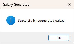 The Galaxy Generated information box reading Successfully regenerated galaxy! with an OK button.