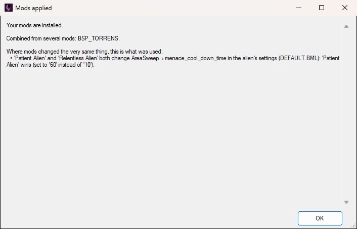 The Mods applied window, summarising that BSP_TORRENS was combined from several mods and which mod was used where two changed the same setting.