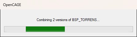 A progress window saying OpenCAGE is combining two versions of BSP_TORRENS.