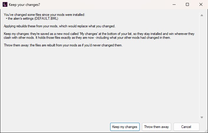 The Keep your changes? window, listing the file that was changed since the mods were installed, with Keep my changes, Throw them away and Cancel buttons.