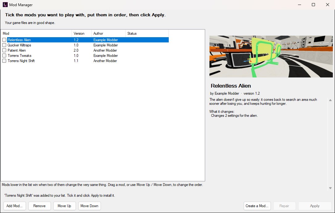 Five mods in the Mod Manager's list, none ticked yet. Relentless Alien is selected, and its picture, author, version, description and what it changes are shown on the right.