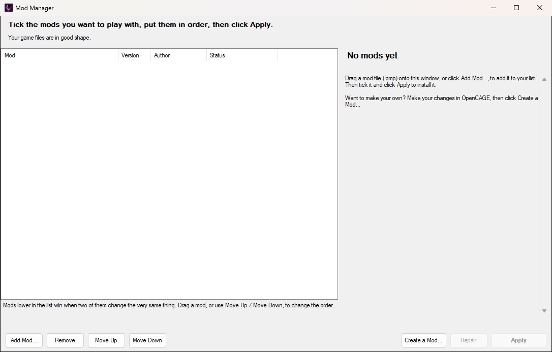The Mod Manager with no mods: an empty list on the left, and on the right a reminder of how to add mods.