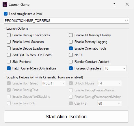 The Launch Game dialog with Enable Cinematic Tools ticked and the Scripting Helpers group greyed out under the title Scripting Helpers (off while Cinematic Tools are enabled), with Enable Hot Reload, Enable DebugText, Unlock Mouse and Cap FPS still ticked but greyed, while Possess Characters in the Launch Options group stays ticked and available.