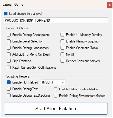 The Launch Game dialog: level picker at the top with PRODUCTION/BSP_TORRENS chosen, the Launch Options group of checkboxes with Enable Cinematic Tools among them, the Scripting Helpers group with Enable Hot Reload ticked and its key set to INSERT, and the Start Alien: Isolation button.