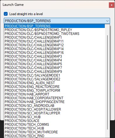 The Load straight into a level checkbox ticked with the level list dropped down over the dialog, showing the install's PRODUCTION levels including the DLC maps.
