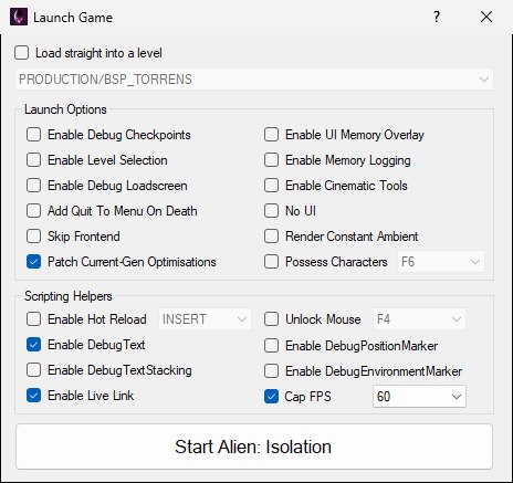 The Launch Game dialog with Enable Live Link ticked at the bottom of the Scripting Helpers group.