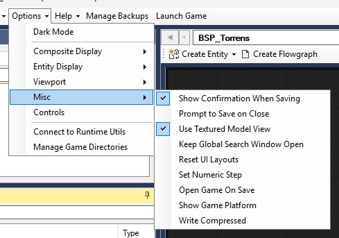 The toolbar's Options menu with the Misc submenu open, showing the Open Game On Save item unticked.