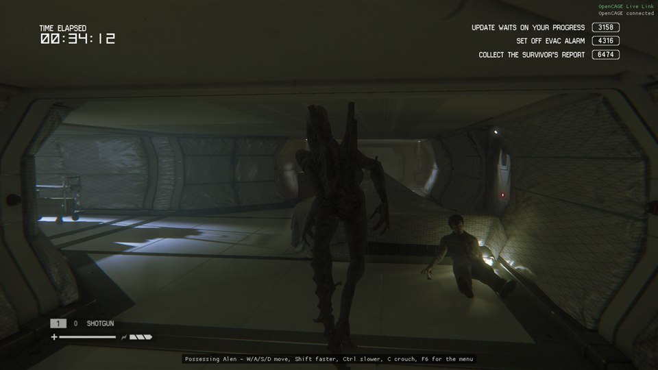 The camera behind the possessed alien in a Survivor map corridor, with the player crouched against the wall ahead, and the note Possessing Alen - W/A/S/D move, Shift faster, Ctrl slower, C crouch, F6 for the menu at the bottom of the screen.